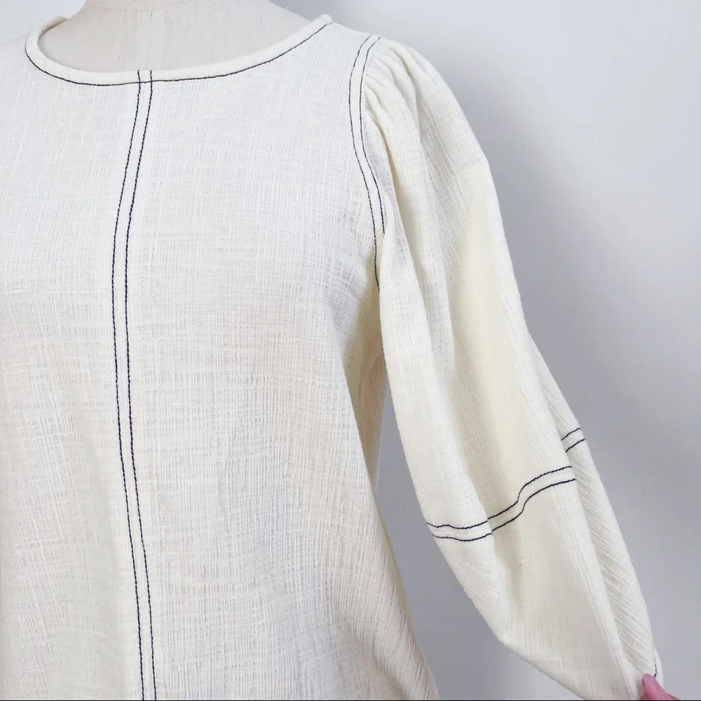 Anthropologie White 3/4 Puff Sleeve Light Cotton Blend Top Blouse Sz XS